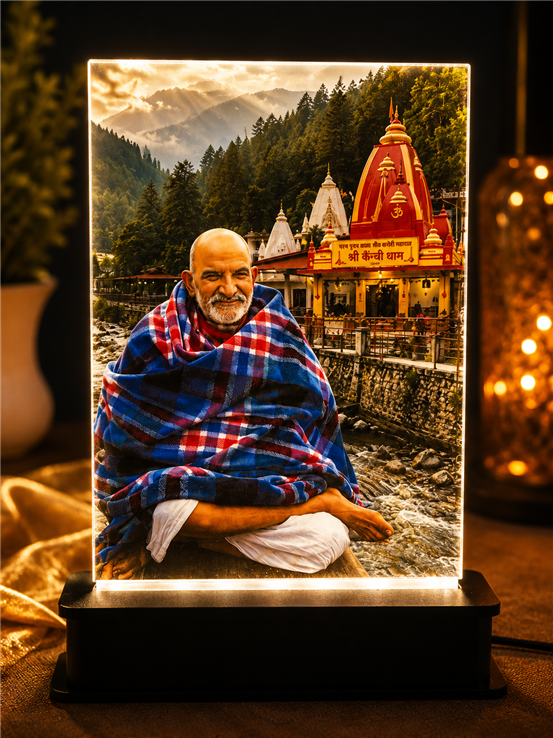 Rechargeable Neem Karoli Baba LED Photo Stand | Chargeable Kainchi Dham Maharaj Ji Glowing Frame | Cordless Divine Night Light & Spiritual Gift for Ho