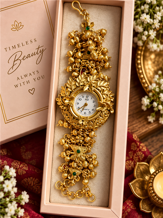 Kashmiri Watch Golden Colour Adjustable Size For Ladies / Girls 