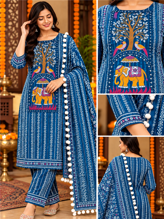 Pure Cotton Girls And Women Unstitched Suit Blue Color Beautiful Embroidered Design With Stylish Duppata 