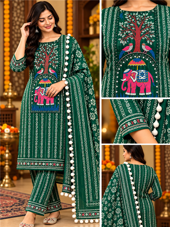 Pure Cotton Girls And Women Unstitched Suit Green Color Beautiful Embroidered Design With Stylish Duppata 