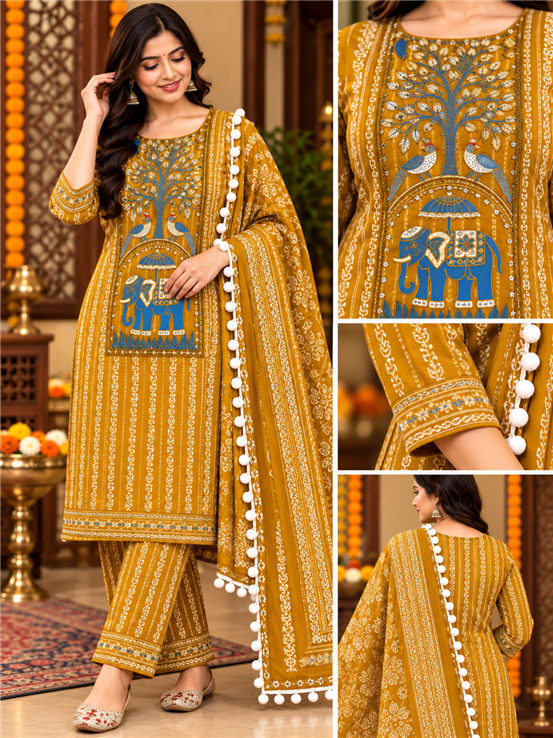 Pure Cotton Girls And Women Unstitched Suit Mustard Color Beautiful Embroidered Design With Stylish Duppata 