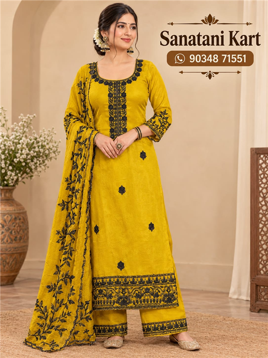 Ladies Party Wear Unstitched Suit Yellow Color