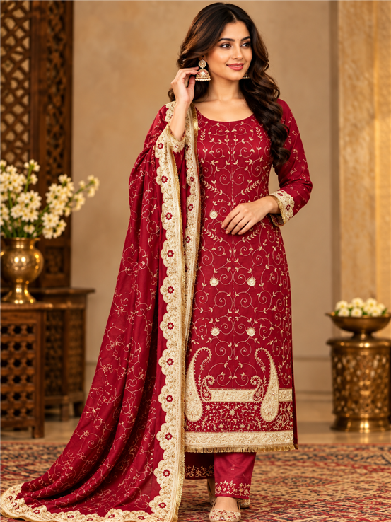 Karwa Chauth And Wedding Special Ladies Party Wear Unstitched Suit Red Color