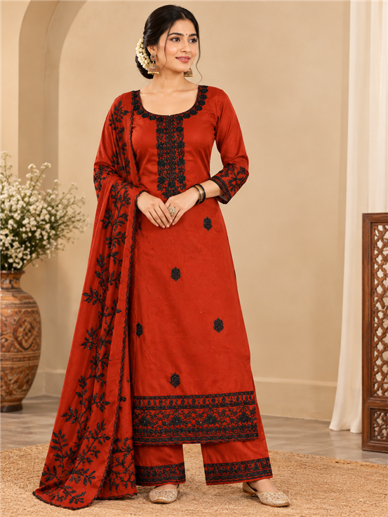 Rayon Silk Ladies Party Wear Unstitched Suit Red Color