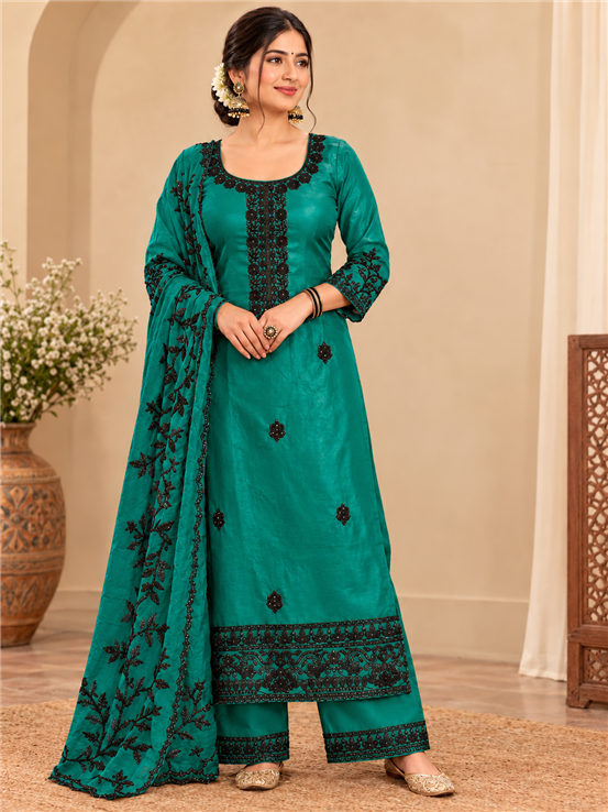 Rayon Silk Ladies Party Wear Unstitched Suit Green Color