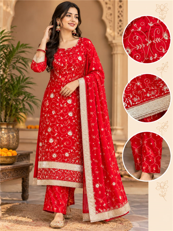 Ladies Party Wear Unstitched Suit Red Color