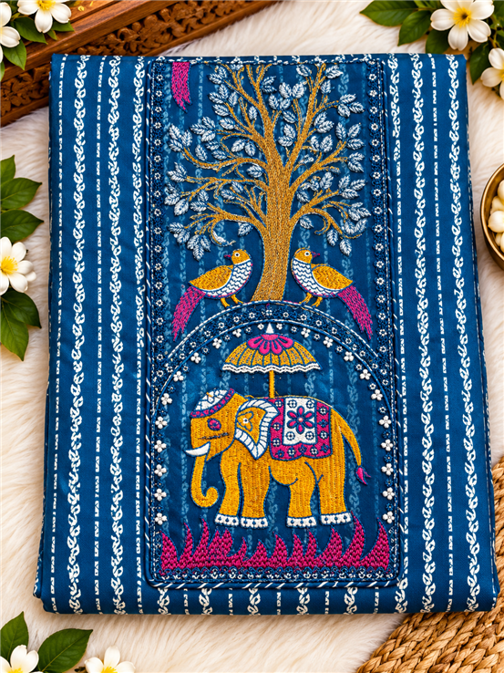 Pure Cotton Girls And Women Unstitched Suit Blue Color Beautiful Embroidered Design With Stylish Duppata 
