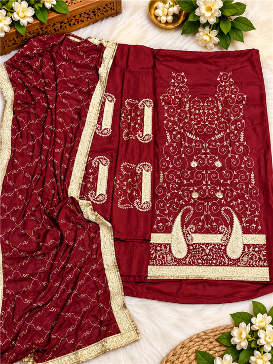Karwa Chauth And Wedding Special Ladies Party Wear Unstitched Suit Red Color