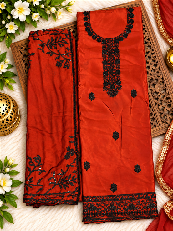 Rayon Silk Ladies Party Wear Unstitched Suit Red Color