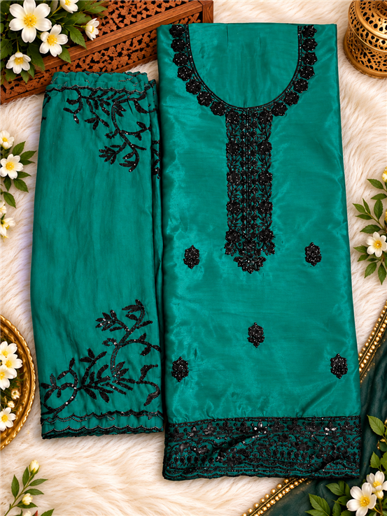 Rayon Silk Ladies Party Wear Unstitched Suit Green Color