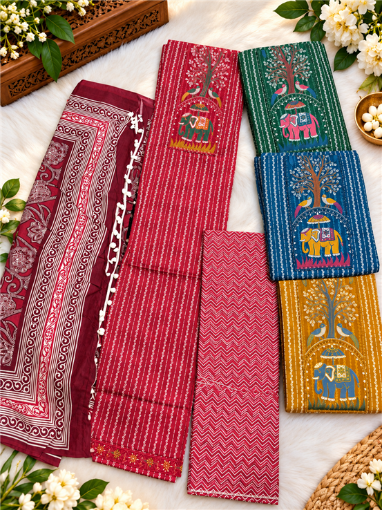Pure Cotton Girls And Women Unstitched Suit Mustard Color Beautiful Embroidered Design With Stylish Duppata 